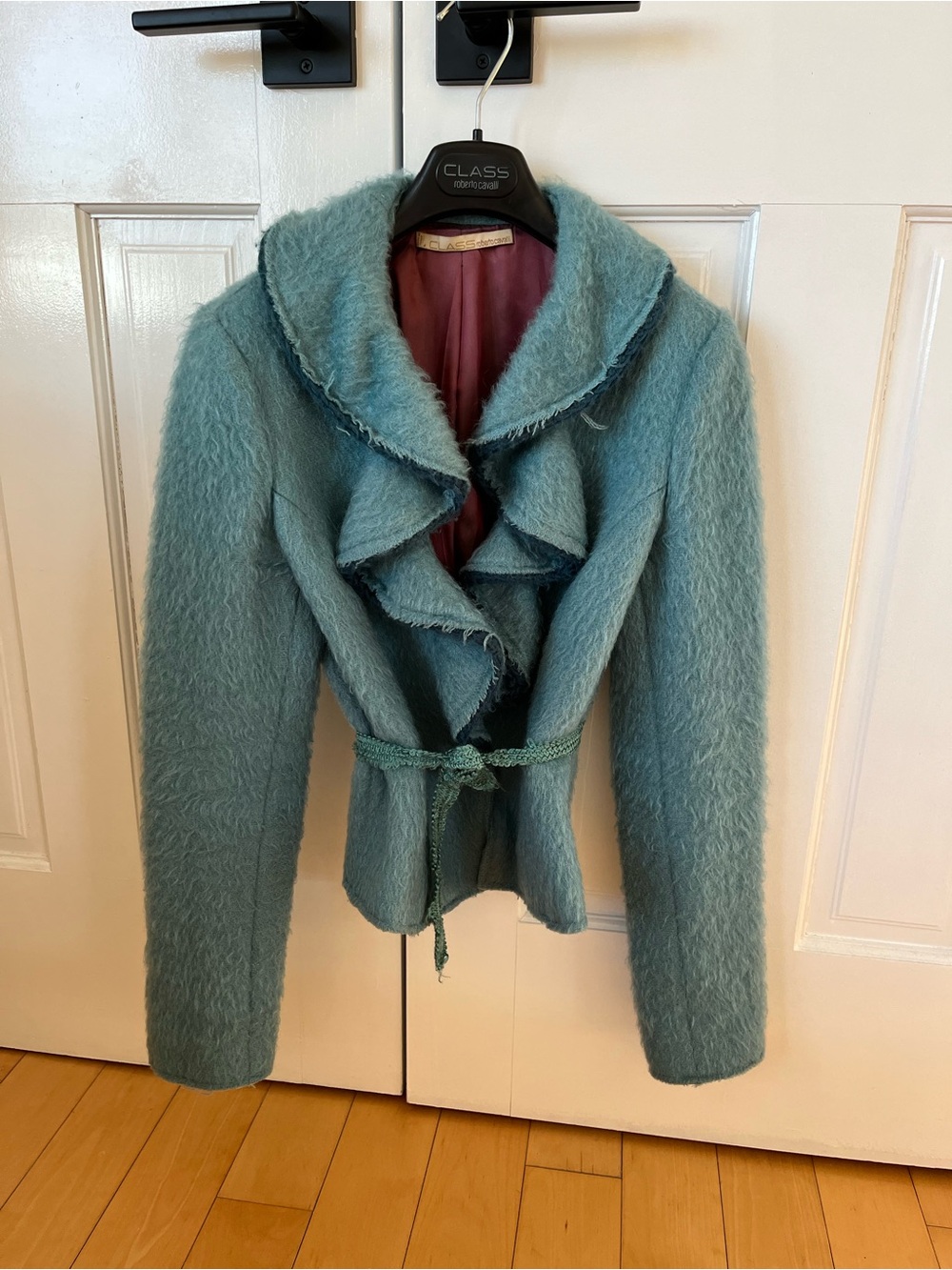 Roberto Cavalli Class Women's Teal Ruffled Belted Wool-Blend Jacket
